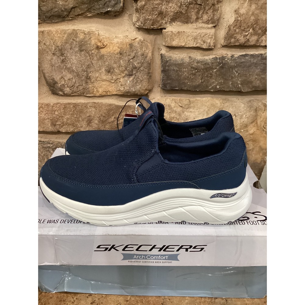 Skechers Mens Arch Comfort Flex Navy Relaxed Fit Slip On Sneakers 66751S Size 8